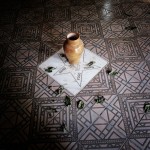 Brazil, Cachoeira, Salvador da Bahia. The five basic elements; water, fire, earth, wind and peace are written on the floor of a Candomble Terreiro (Temple).